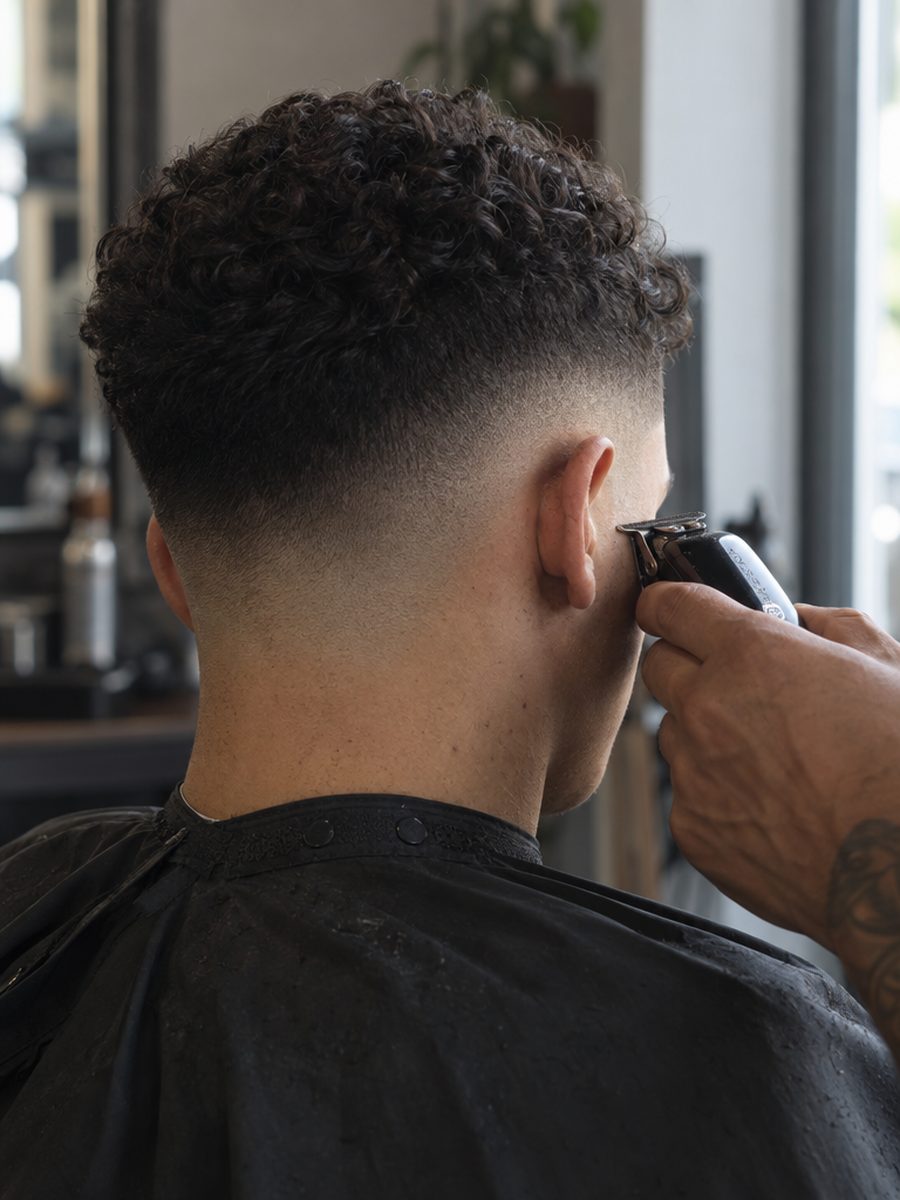 Back of a client's head with a fresh skin fade and sharp neckline, barber's trimmer at the ear