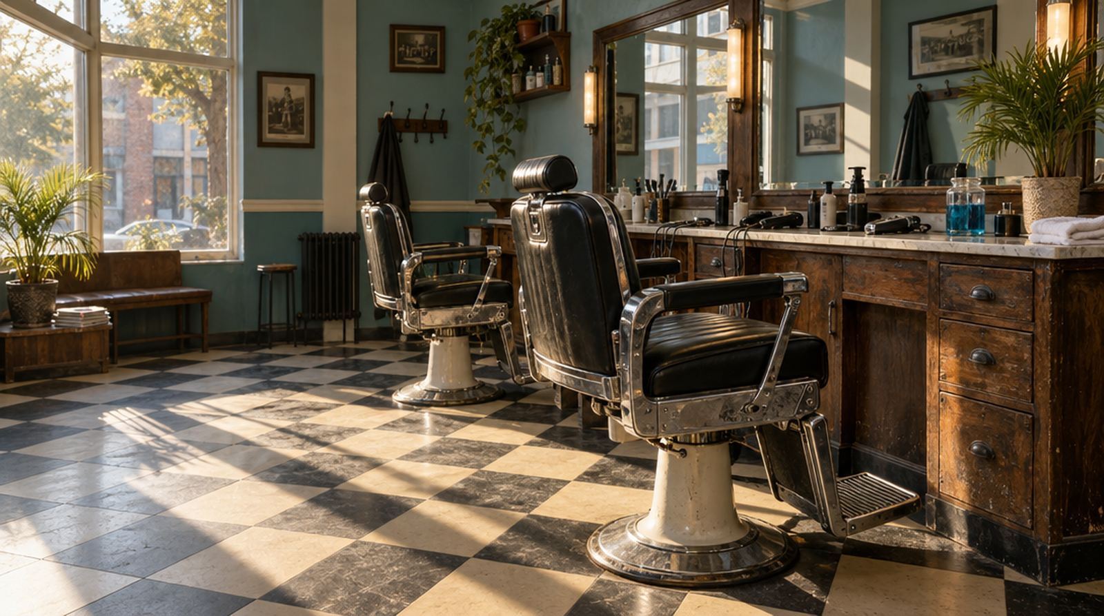 Two vintage black leather barber chairs on a checkerboard floor, lit by late-afternoon sun