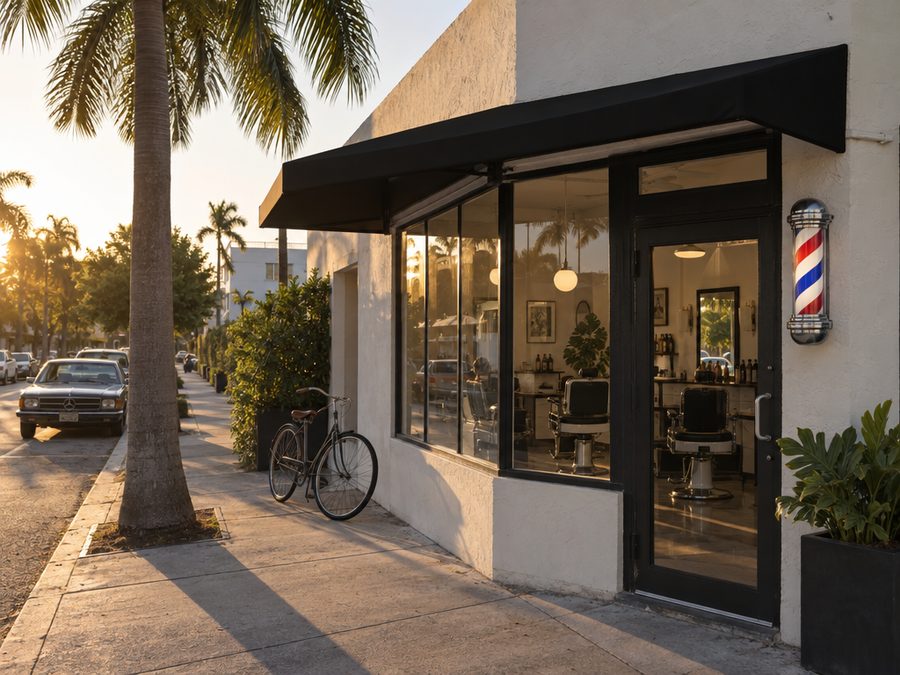 Cream stucco corner barbershop with a black awning and a spinning barber pole at golden hour
