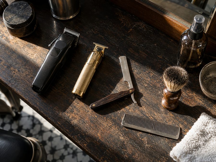 Clippers, a straight razor, shaving brush and comb on a wooden barber counter in afternoon sun